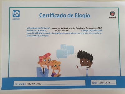 CRE-Centro Regional de Especialidades recebe Elogio na Ouvidoria do SUS 